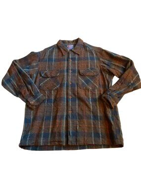 Vintage Pendleton Board Shirt Sz L USA Made Brown Blue Plaid Wool Button-Up Mens